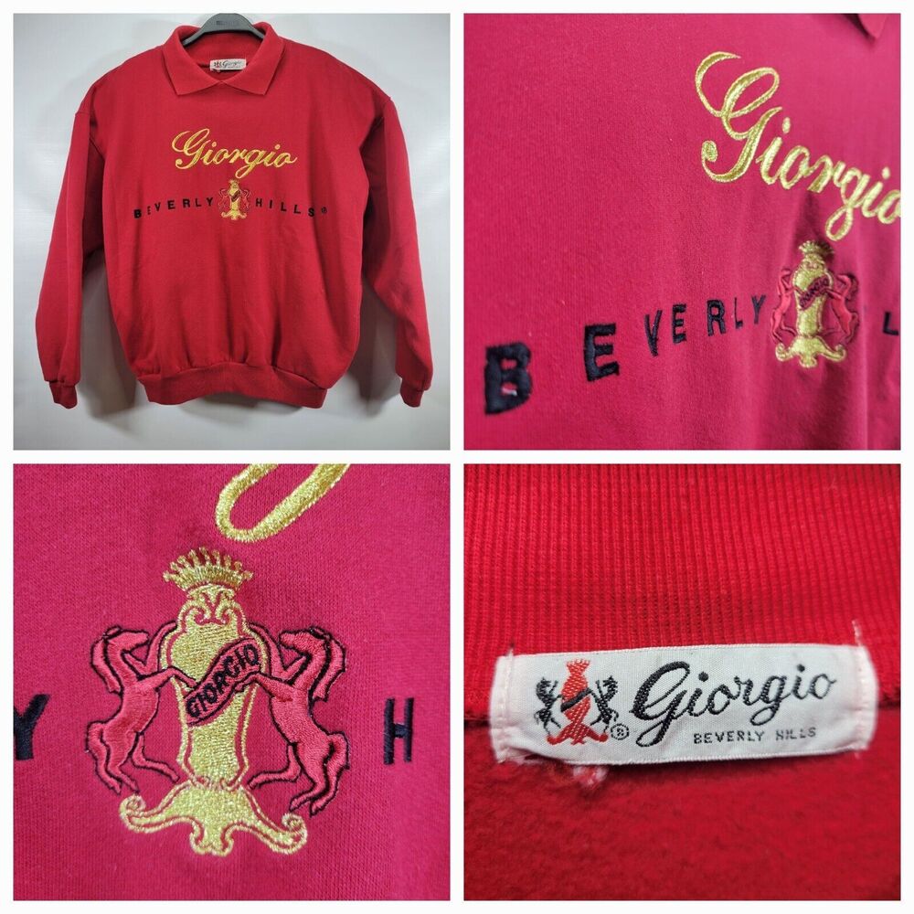 RARE VINTAGE GIORGIO BEVERLY HILLS RED EMBROIDERED COLLARED PULLOVER SWEATSHIRT